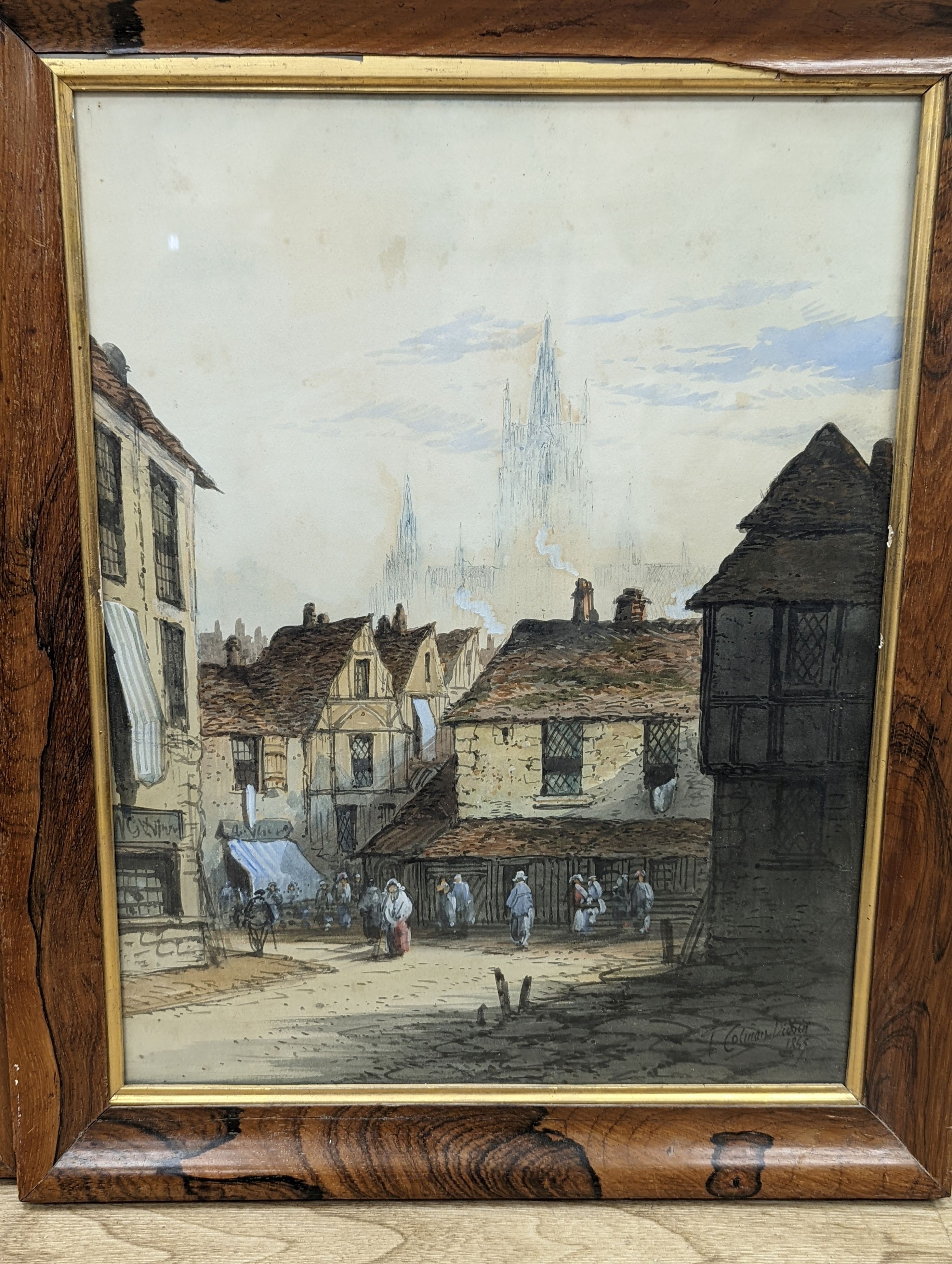 T. Colman Dibdin (1810-1893), pair of watercolours, Venetian canal scene and French street scene, 1865, signed and dated, rosewood frames, 44.5 x 34.5cm